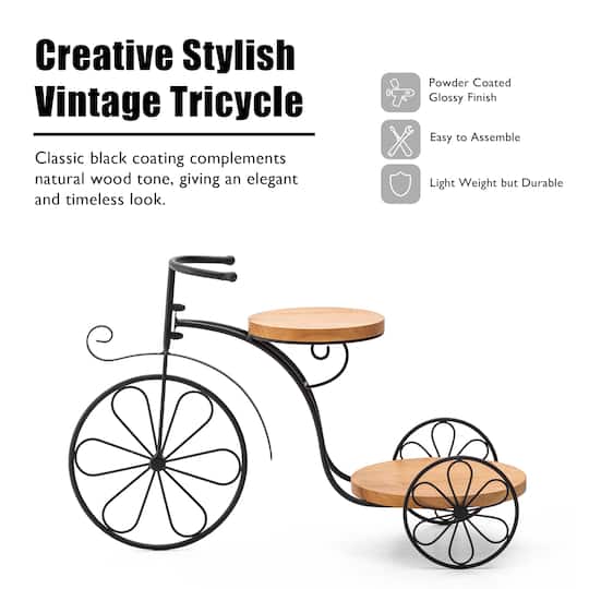 Glitzhome® 24" Black Metal Tricycle Planter Stand with Solid Wood Tray